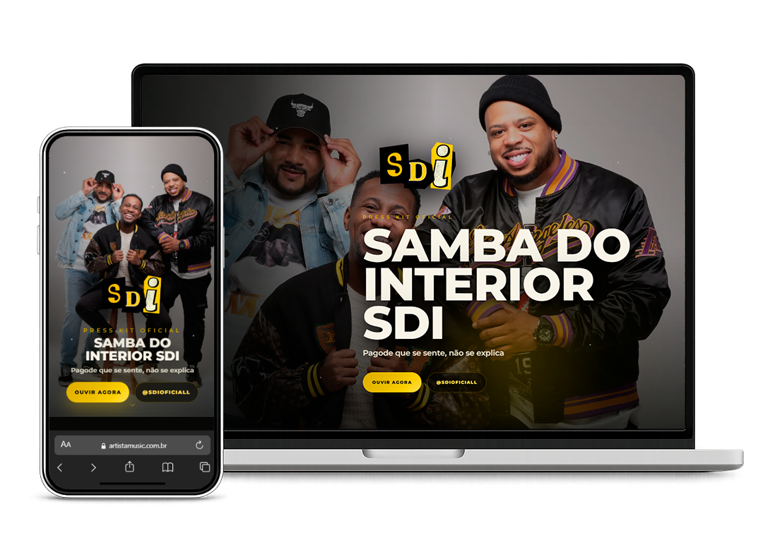 Mockup do Press Kit em celular e notebook
